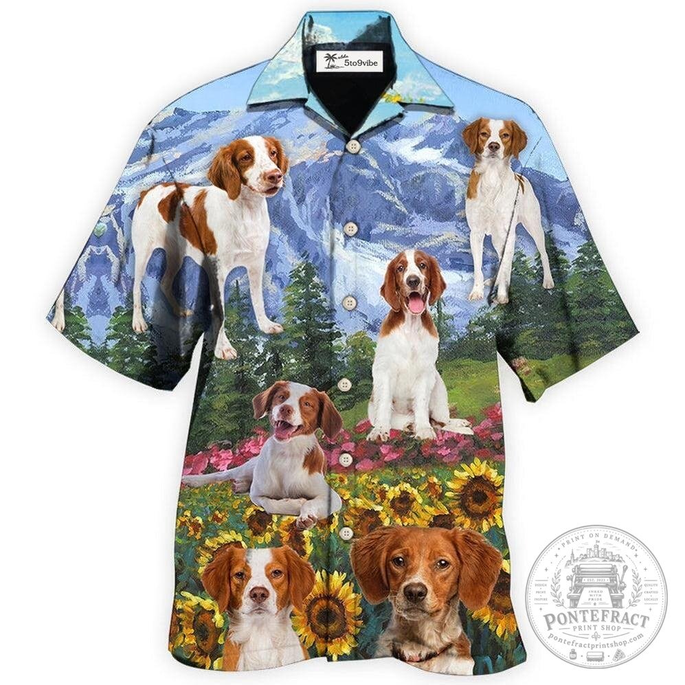 Brittany Spaniel Dog Mountain Landscape Sunflower Hawaiian Shirt