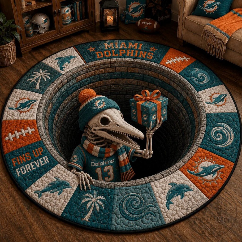Miami Dolphins Fins Up Forever Quilted Round Area Rug Miami Dolphins Fins Up Forever Quilted Round Area Rug