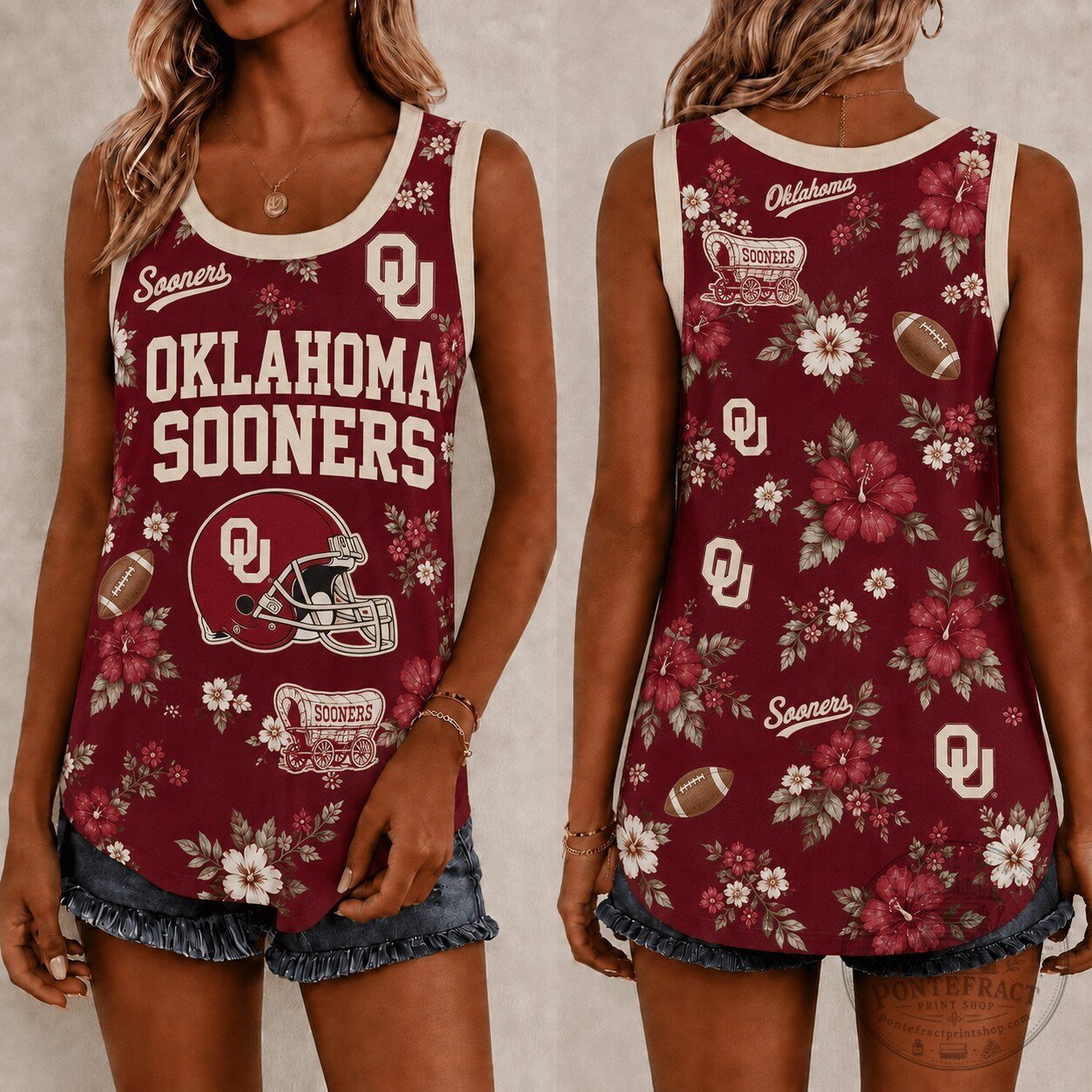 Oklahoma Sooners Women's Floral Print Football Team Tank Top 2 Oklahoma Sooners Women's Floral Print Football Team Tank Top