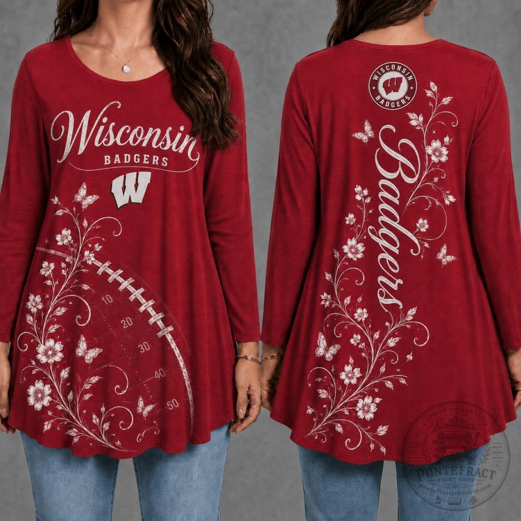 Wisconsin Badgers Football Floral Women's Long Sleeve Tunic Top Wisconsin Badgers Football Floral Women's Long Sleeve Tunic Top