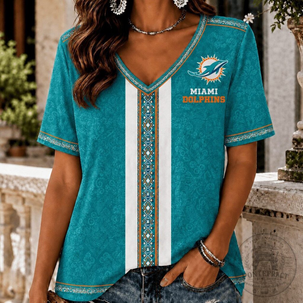 Miami Dolphins National Football League Tribal Pattern V-Neck T-Shirt Miami Dolphins National Football League Tribal Pattern V-Neck T-Shirt