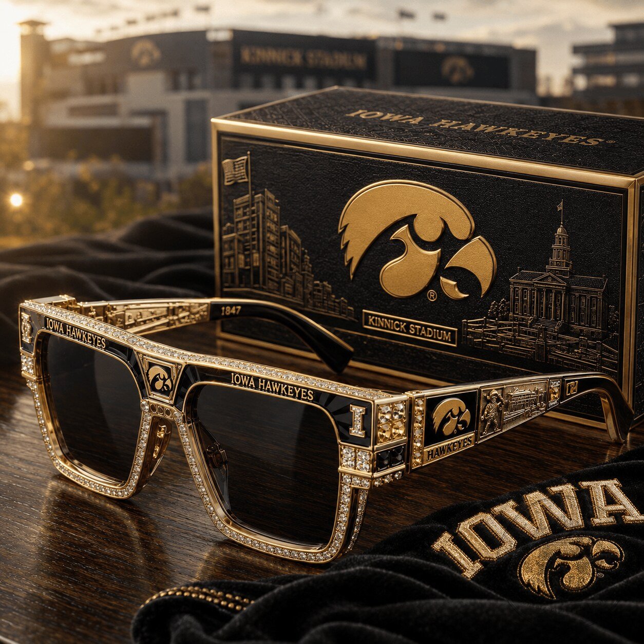 Iowa Hawkeyes Gold Diamond Bling Sunglasses with Kinnick Stadium Design