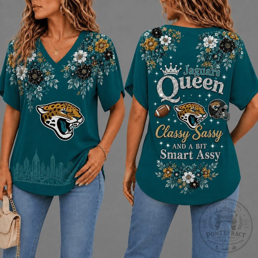 Jacksonville Jaguars Queen Classy Sassy Floral V-Neck T-Shirt for Women Jacksonville Jaguars Queen Classy Sassy Floral V-Neck T-Shirt for Women