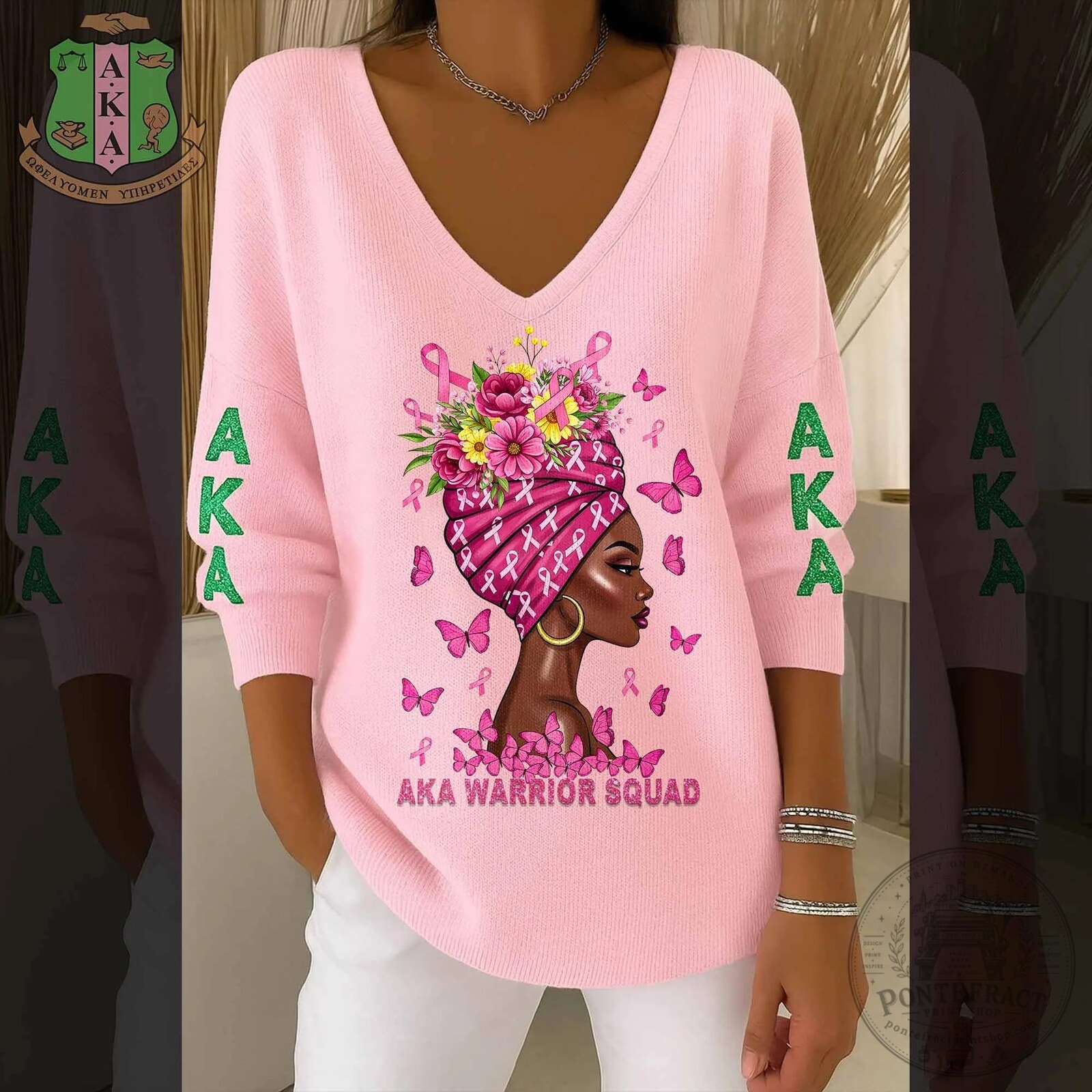Alpha Kappa Alpha Breast Cancer Awareness Warrior Squad V-Neck Long Sleeve Shirt 1 Alpha Kappa Alpha Breast Cancer Awareness Warrior Squad V-Neck Long Sleeve Shirt