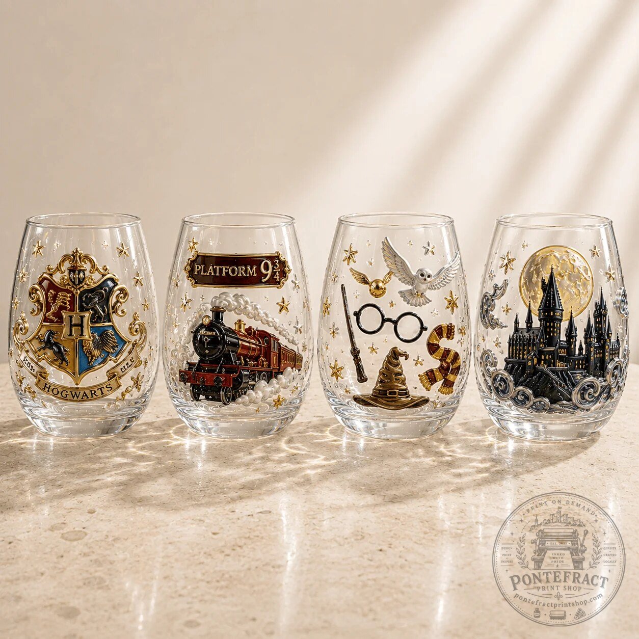 Harry Potter Hogwarts Platform 9 3/4 School Crest Stemless Wine Glass Set