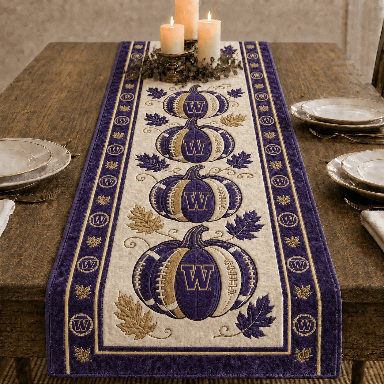 Washington Huskies Football Pumpkins Autumn Harvest Table Runner 1 Washington Huskies Football Pumpkins Autumn Harvest Table Runner