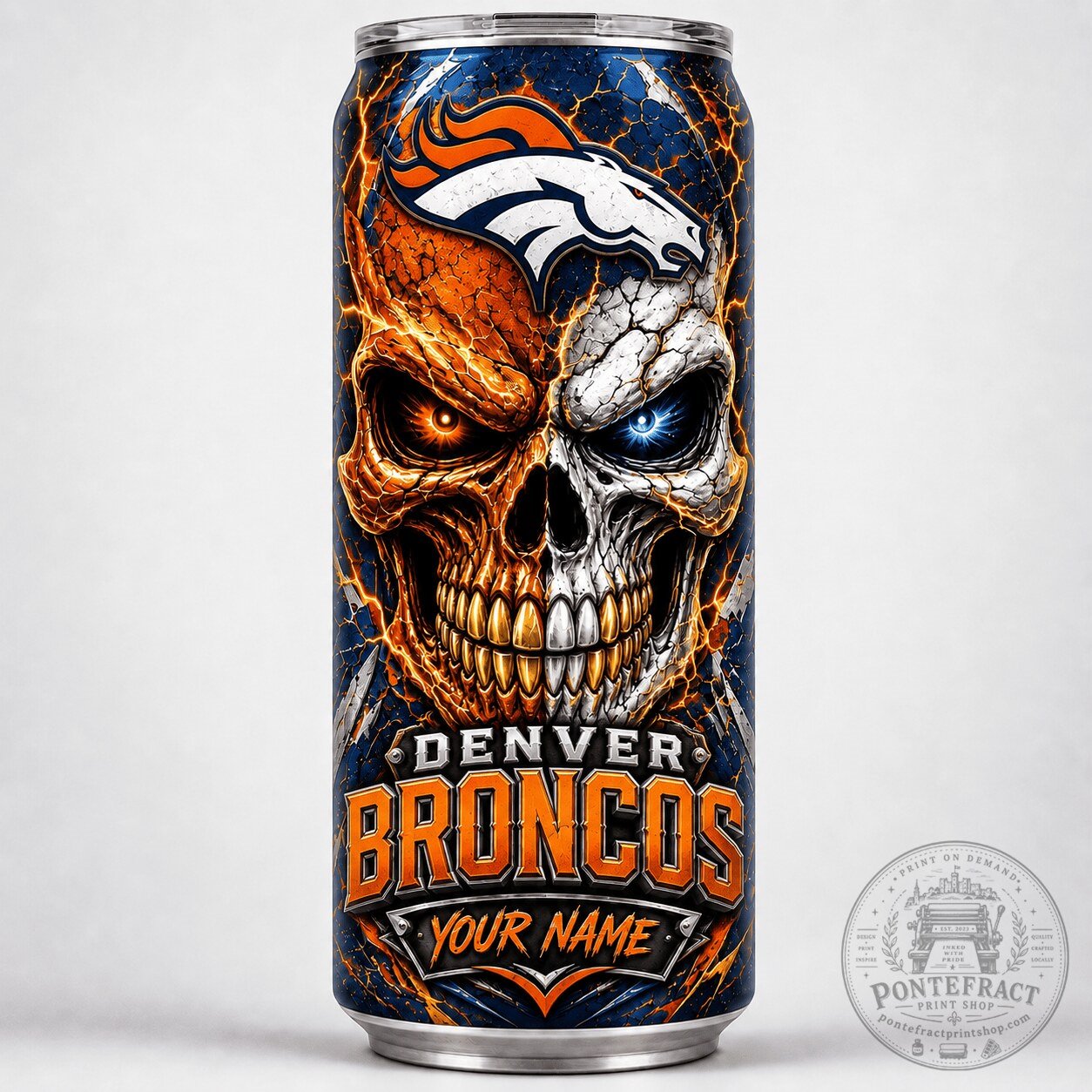 Denver Broncos NFL Skull Personalized Can Shaped Tumbler for Football Fans