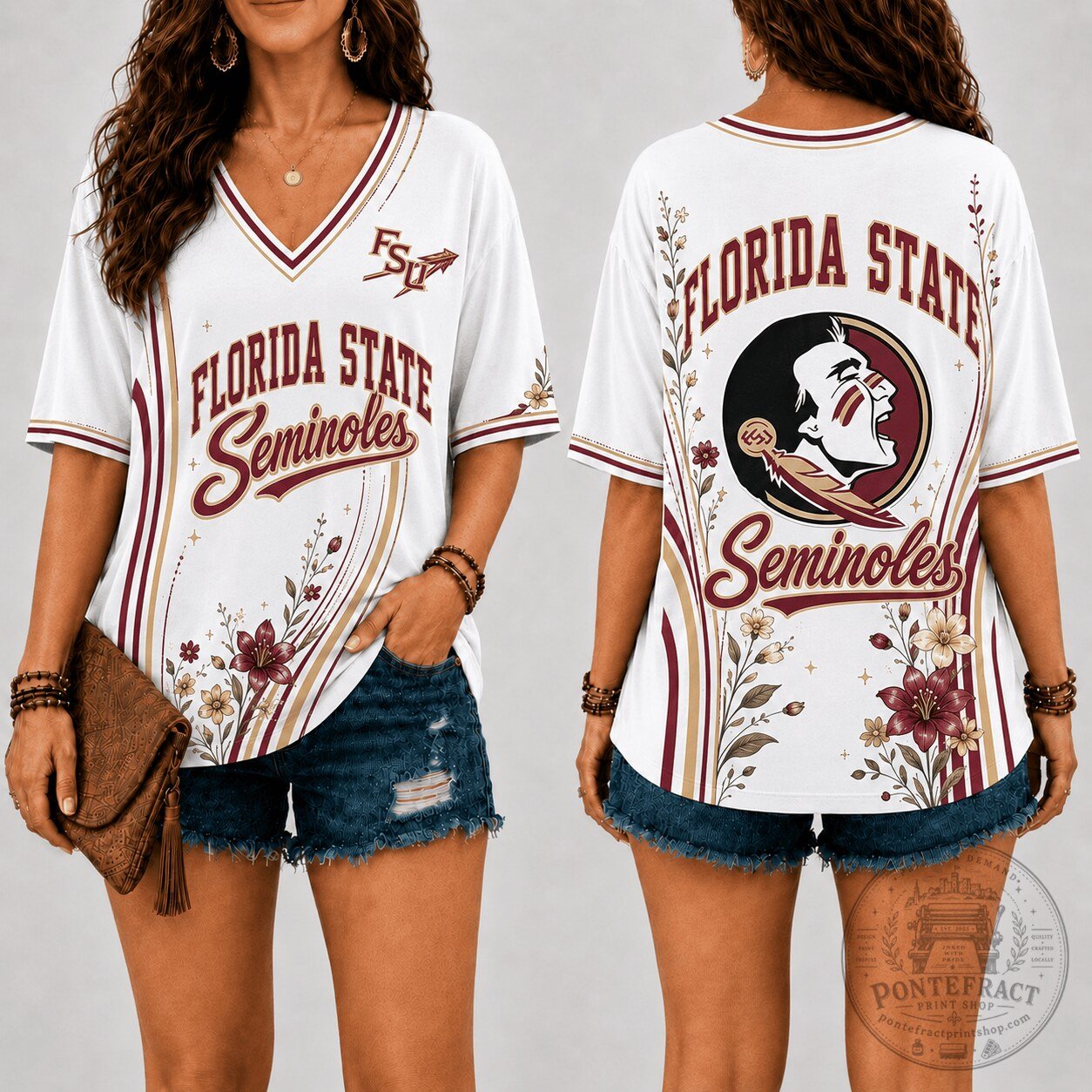 Florida State Seminoles Floral Line V-Neck Short Sleeve T-Shirt
