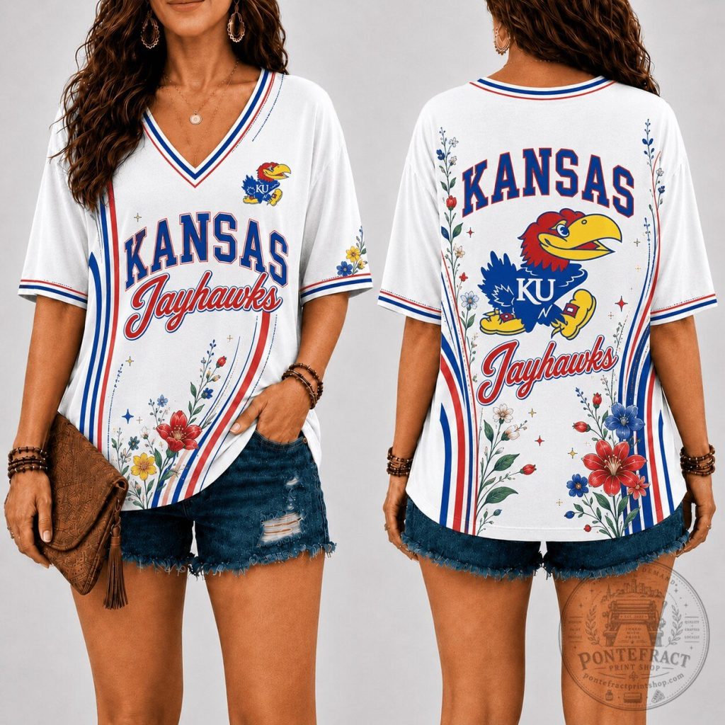 Kansas Jayhawks Floral Line V-Neck Short Sleeve T-Shirt Kansas Jayhawks Floral Line V-Neck Short Sleeve T-Shirt