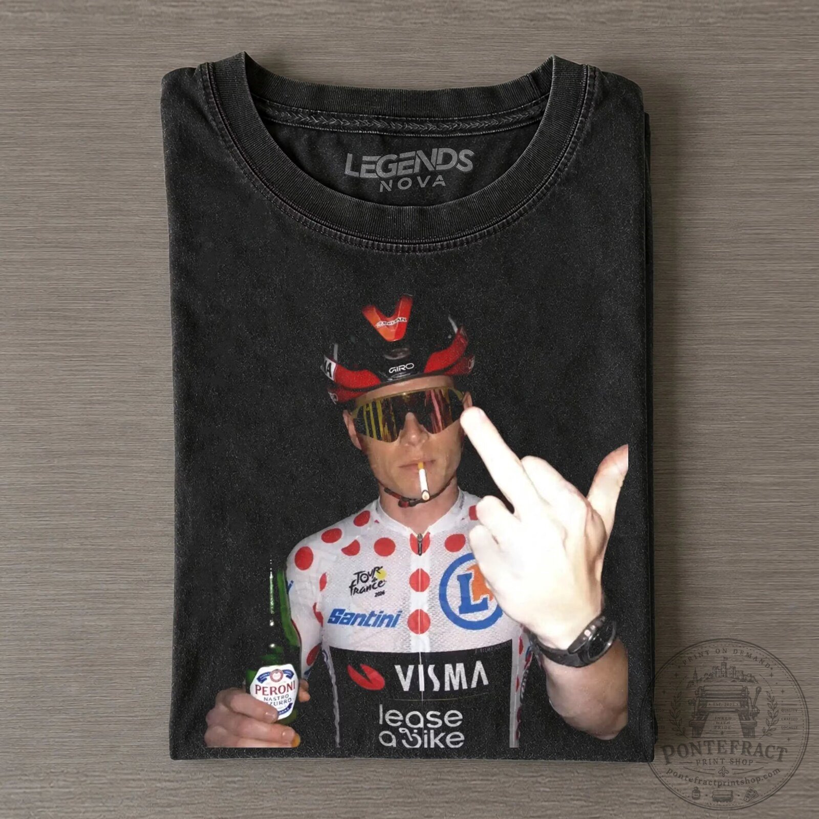 Black T-Shirt featuring Jonas Vingegaard's Middle Finger Cycling Champion design