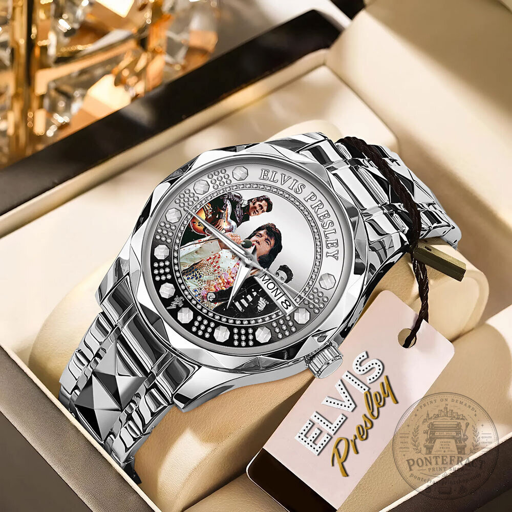 Elvis Presley Diamond Bezel Stainless Steel Watch for Men and Women