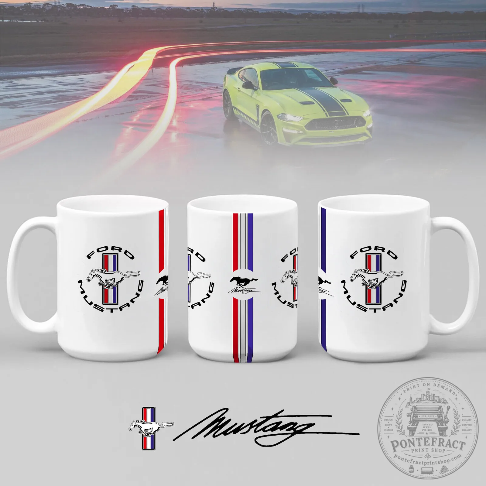 Ford Mustang Logo and Stripes White Ceramic Coffee Mug