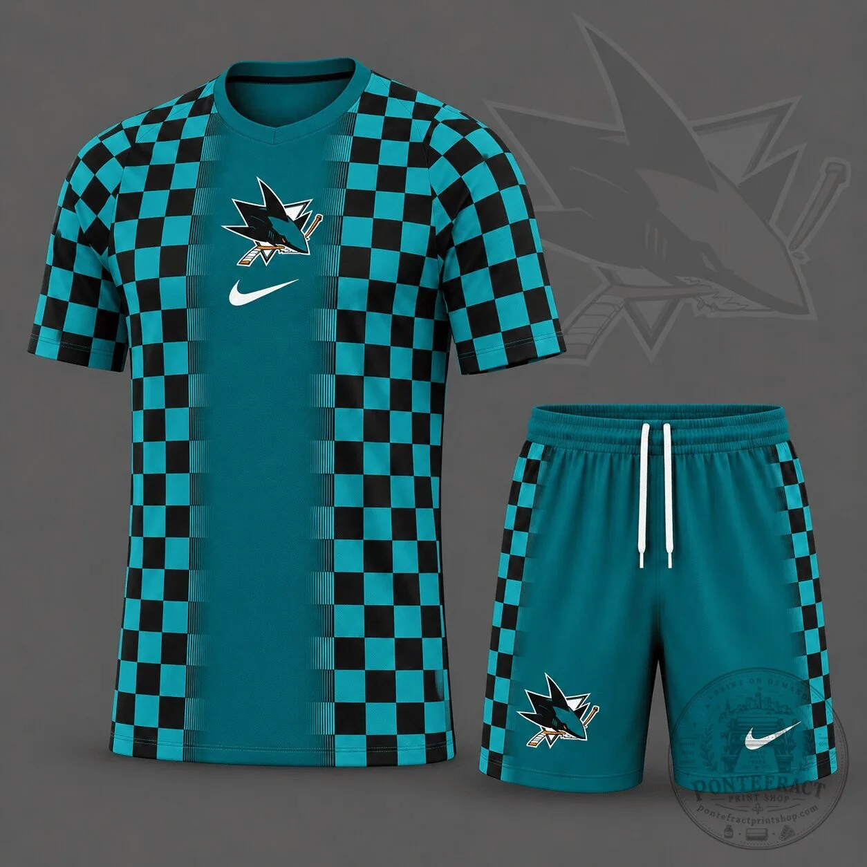 San Jose Sharks Checkerboard Fusion Teal Black Hockey Kit Jersey