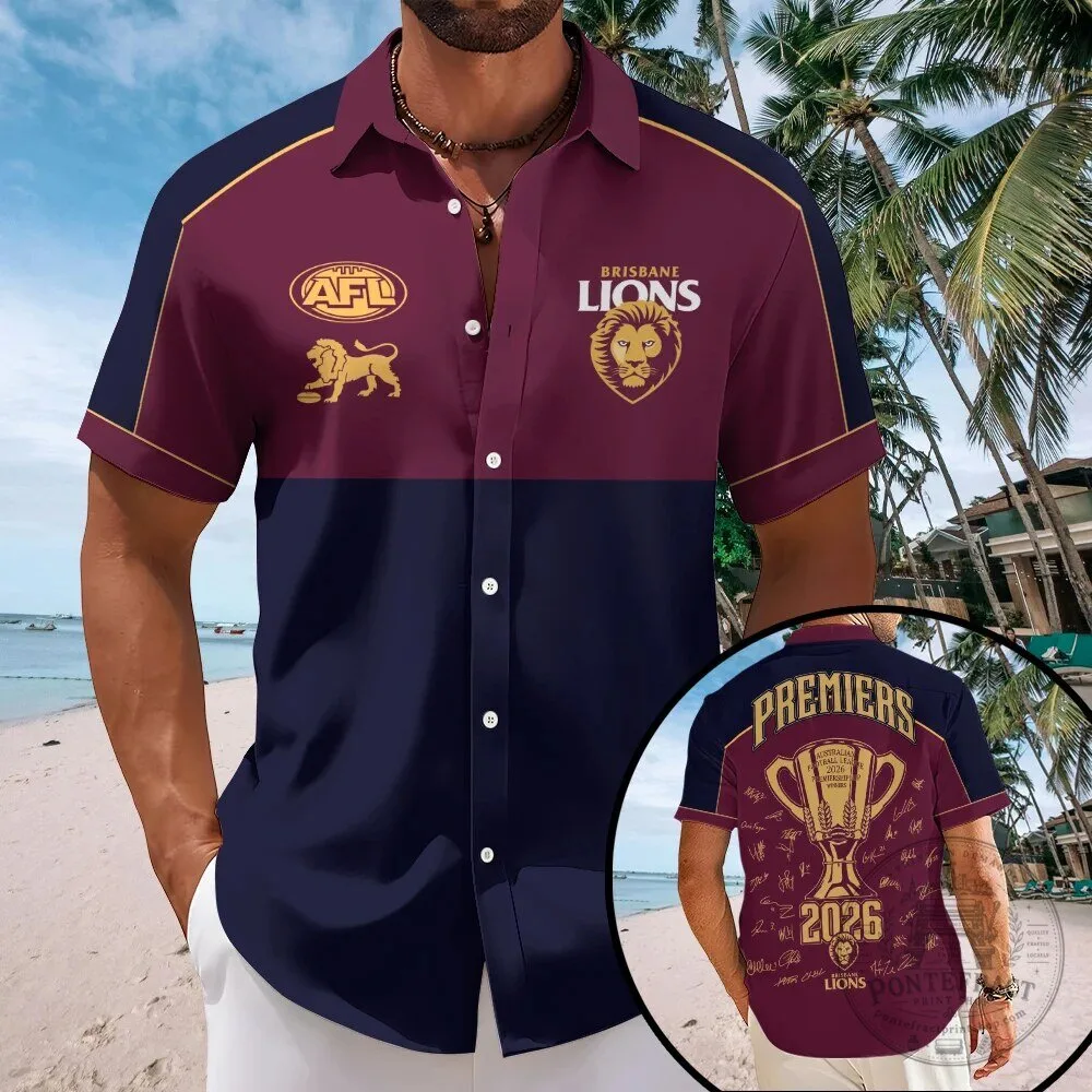 Brisbane Lions 2026 AFL Premiers Short Sleeve Button Down Hawaiian Shirt