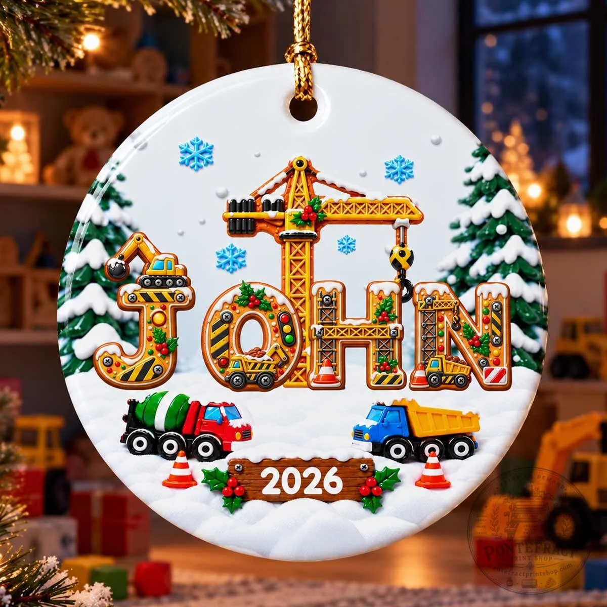 Personalized Construction Truck Christmas Ornament, Custom Name Boy Holiday Decoration