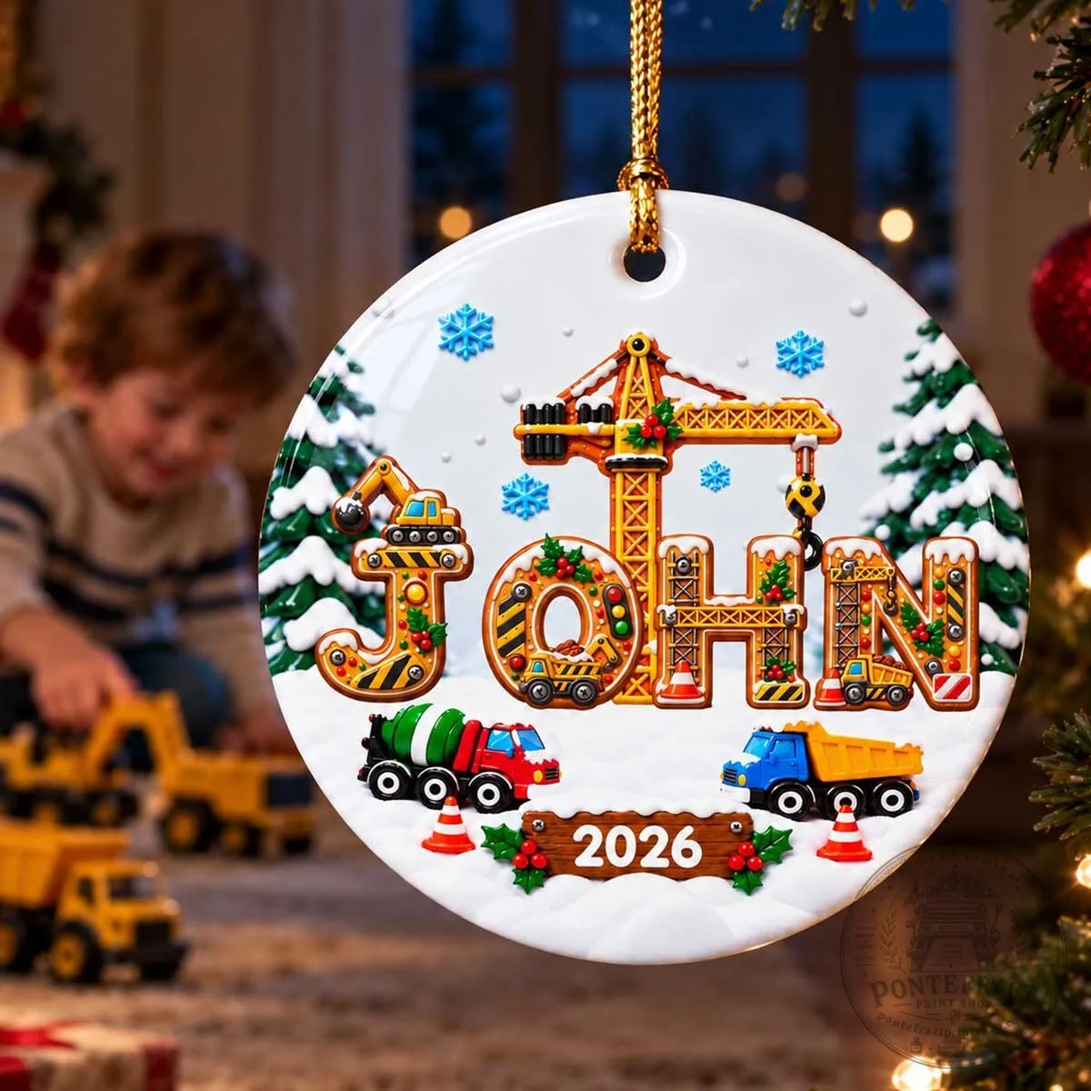 Personalized Construction Truck Christmas Ornament, Custom Name Boy Holiday Decoration 14 Personalized Construction Truck Christmas Ornament, Custom Name Boy Holiday Decoration