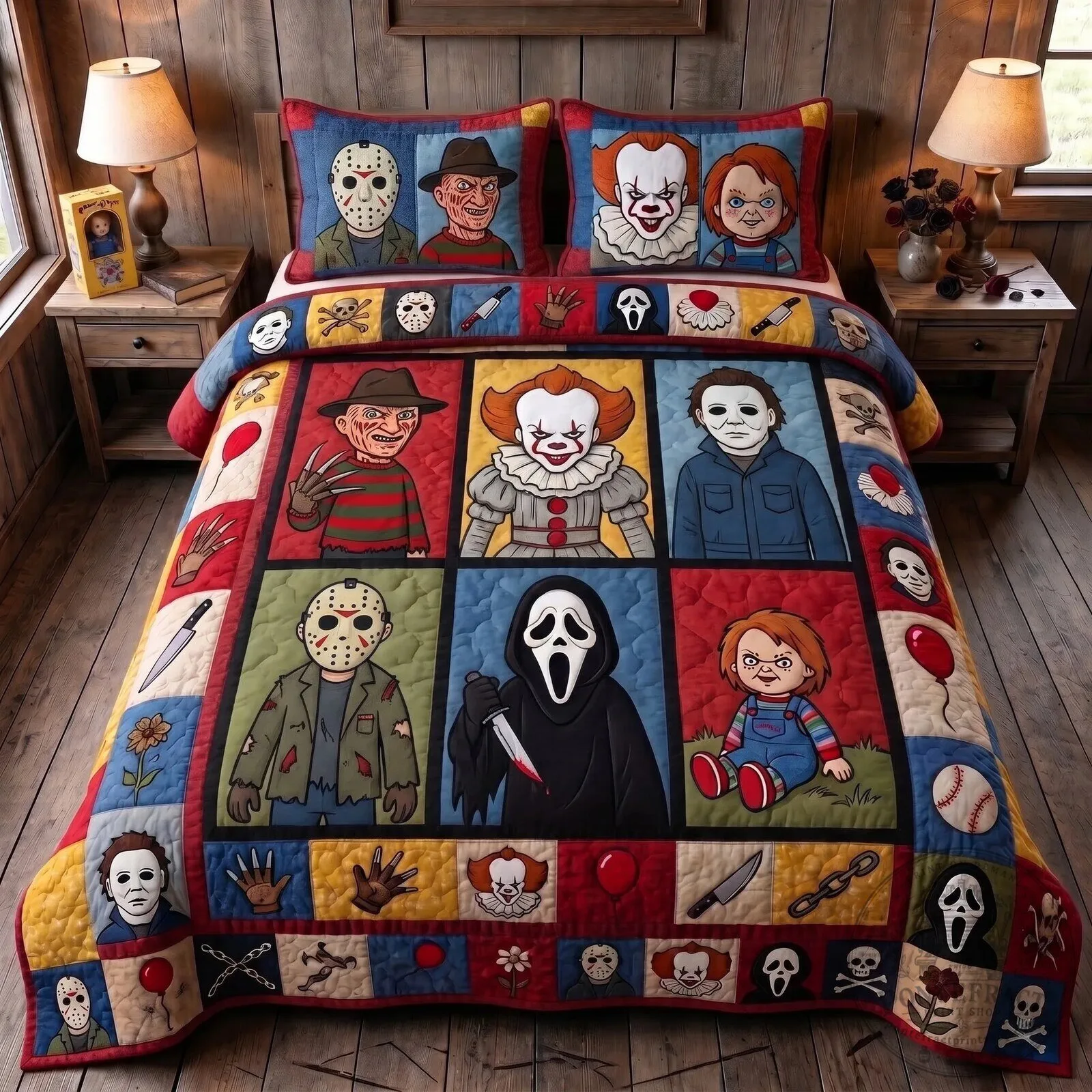 Horror Movie Villains Quilt Blanket with Freddy Krueger, Jason, Michael, Chucky, Pennywise