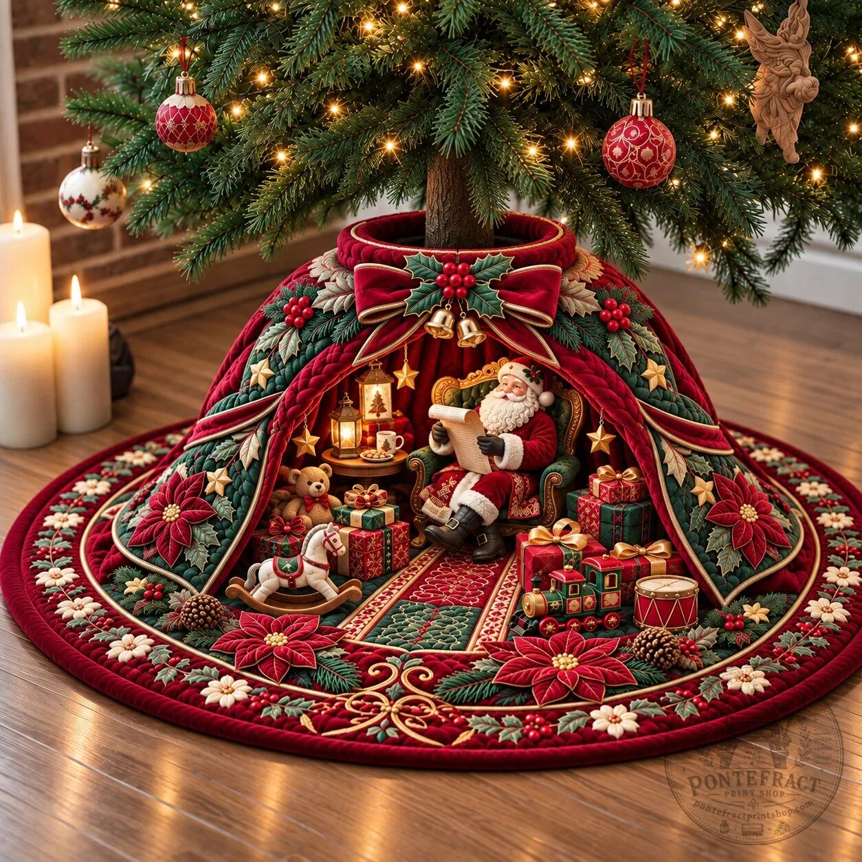 Christmas Santa Claus Red Velvet Quilted Holiday Tree Skirt