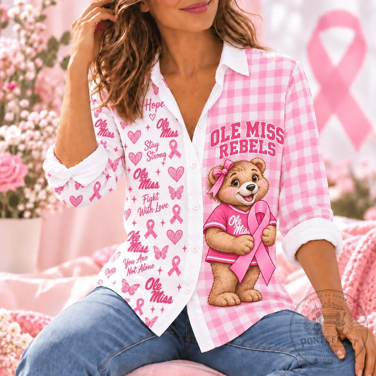 Ole Miss Rebels Breast Cancer Awareness Pink Gingham Button-Up Shirt