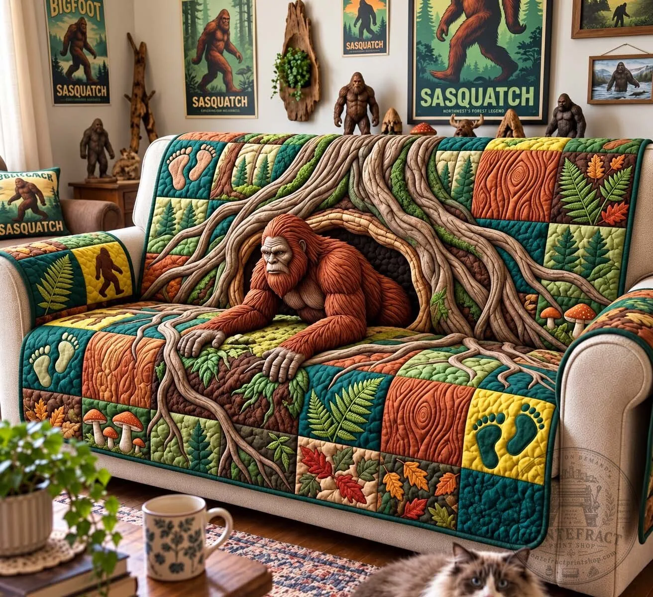 Sasquatch Forest Den Quilted Sofa Cover Bigfoot Cryptid Mythical Creature 9 Sasquatch Forest Den Quilted Sofa Cover Bigfoot Cryptid Mythical Creature