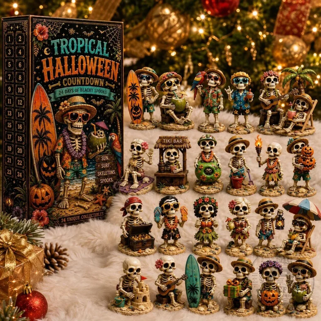 Tropical Halloween Countdown Calendar with Beachy Skeleton Figurines Tropical Halloween Countdown Calendar with Beachy Skeleton Figurines 2D