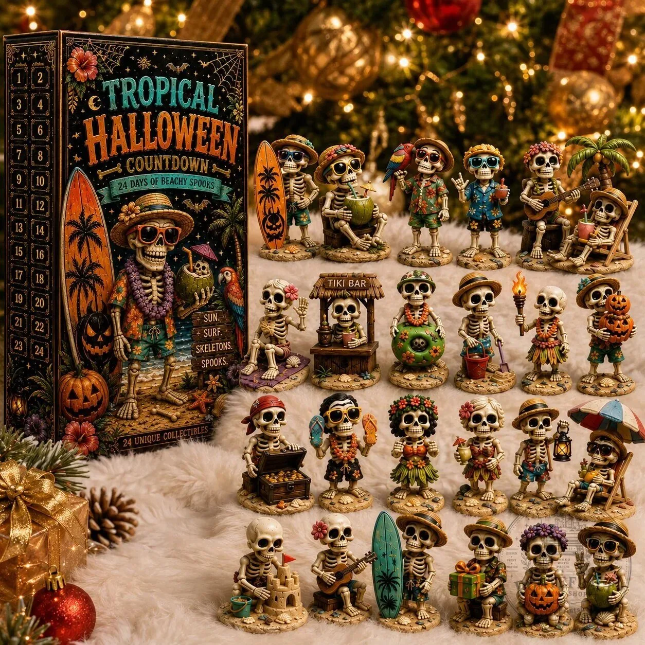 Tropical Halloween Countdown Calendar with Beachy Skeleton Figurines