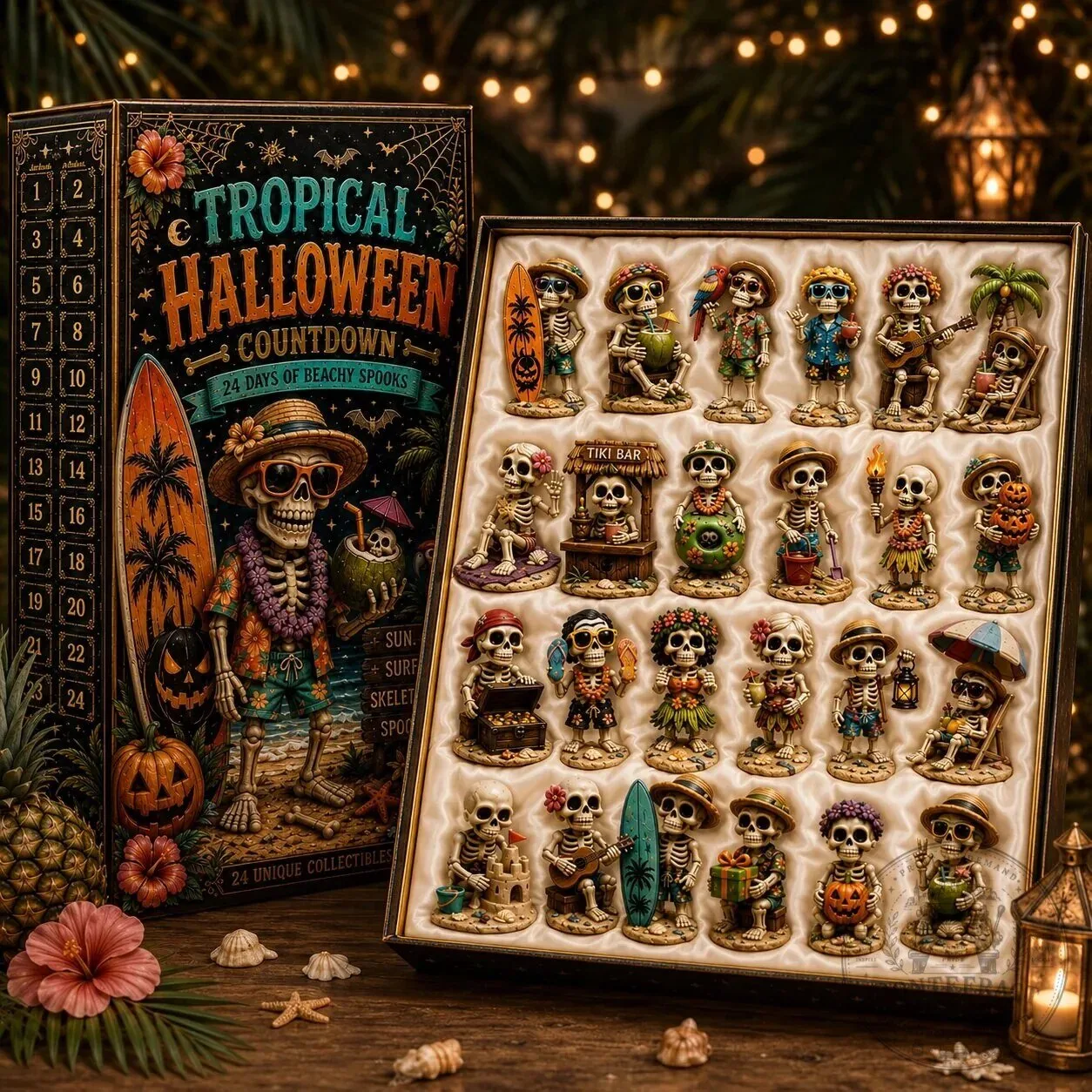 Tropical Halloween Countdown Calendar with Beachy Skeleton Figurines 2D 17 Tropical Halloween Countdown Calendar with Beachy Skeleton Figurines