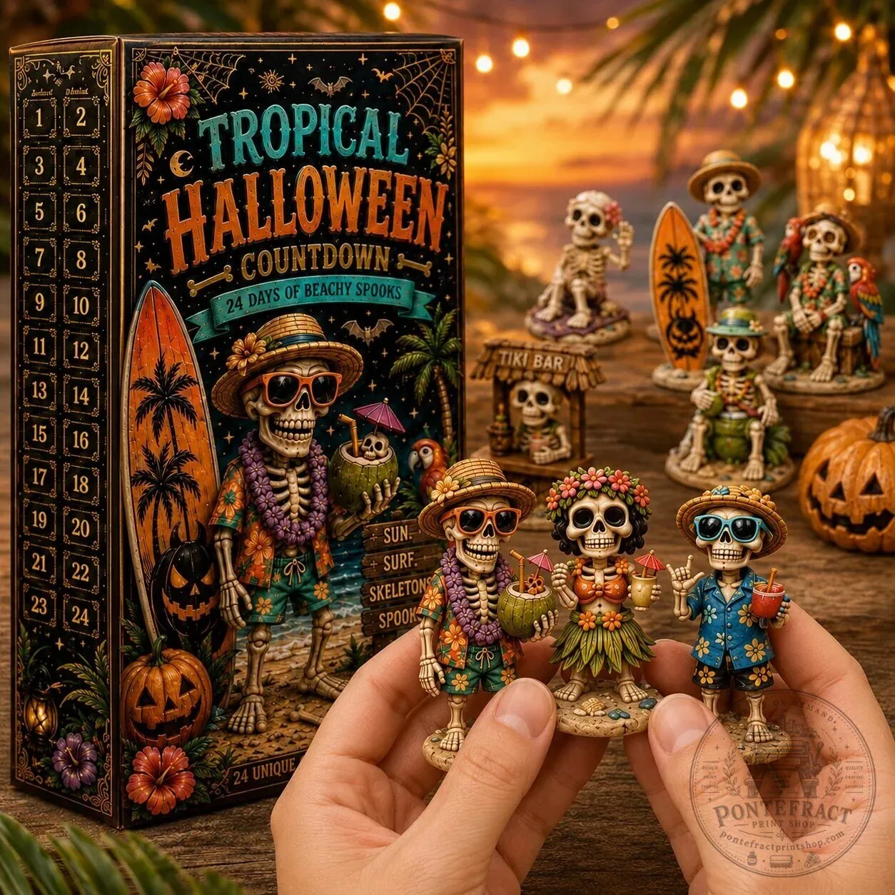 Tropical Halloween Countdown Calendar with Beachy Skeleton Figurines 2D 18 Tropical Halloween Countdown Calendar with Beachy Skeleton Figurines