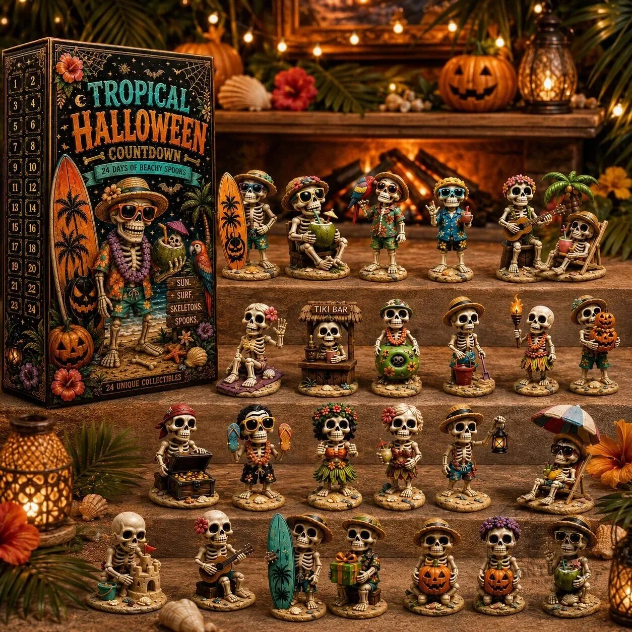 Tropical Halloween Countdown Calendar with Beachy Skeleton Figurines 2D 19 Tropical Halloween Countdown Calendar with Beachy Skeleton Figurines