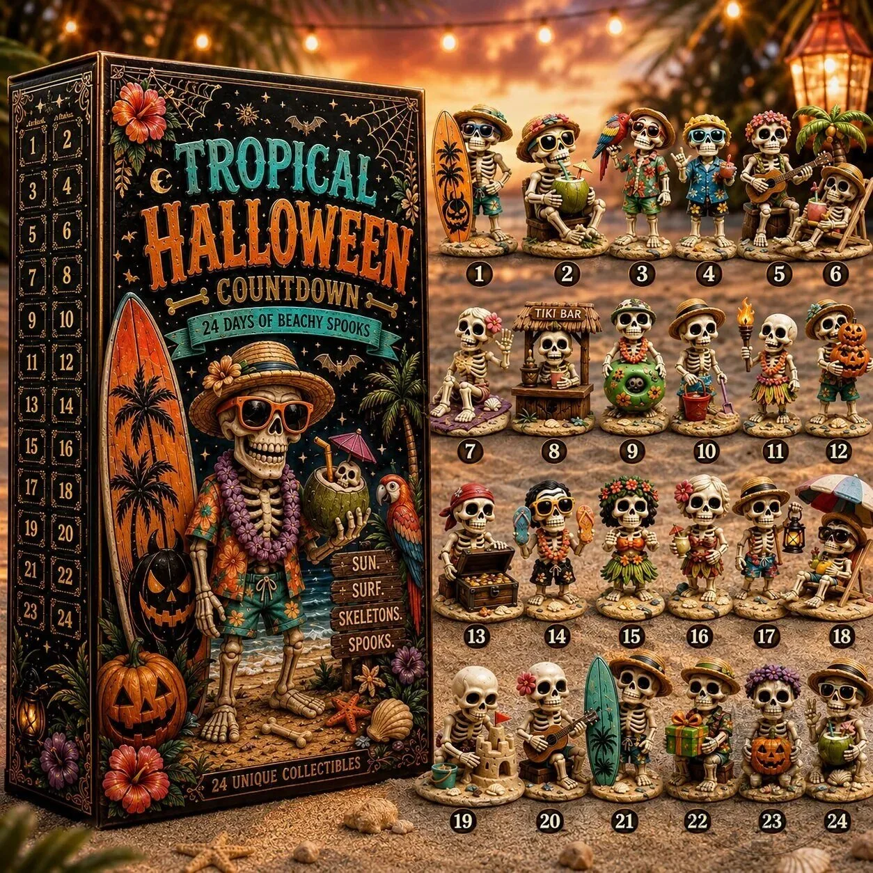 Tropical Halloween Countdown Calendar with Beachy Skeleton Figurines 2D 22 Tropical Halloween Countdown Calendar with Beachy Skeleton Figurines