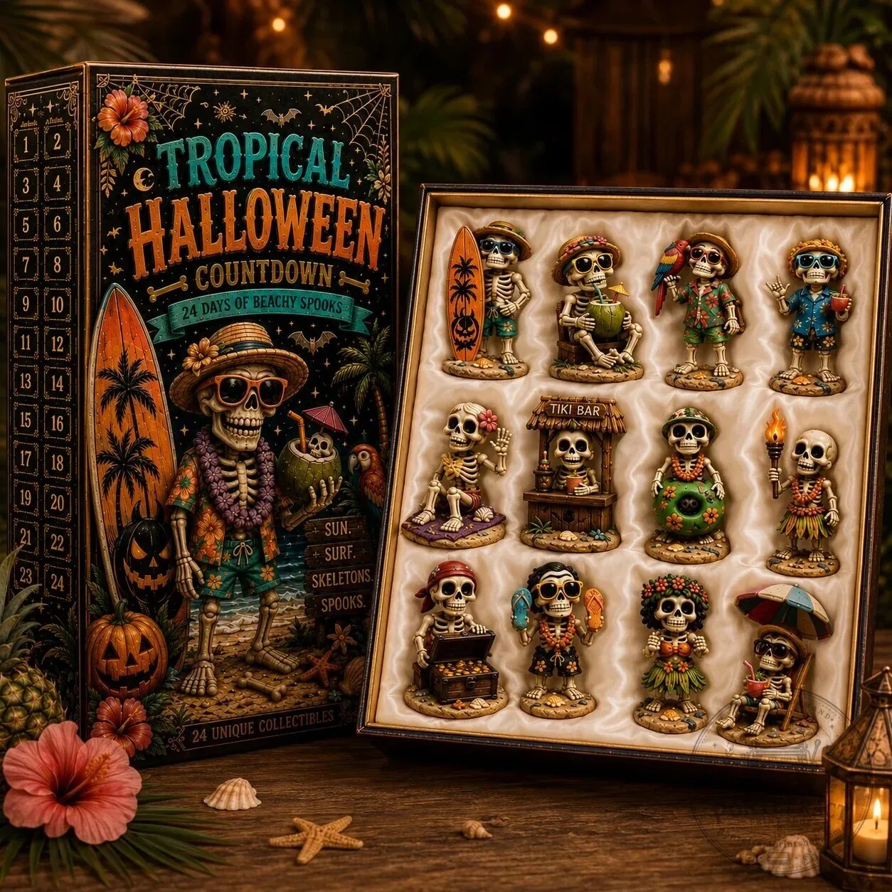 Tropical Halloween Countdown Calendar with Beachy Skeleton Figurines 2D 23 Tropical Halloween Countdown Calendar with Beachy Skeleton Figurines