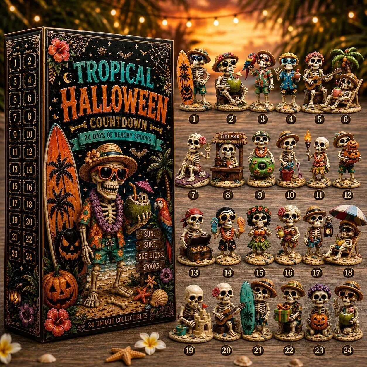 Tropical Halloween Countdown Calendar with Beachy Skeleton Figurines 2D 24 Tropical Halloween Countdown Calendar with Beachy Skeleton Figurines