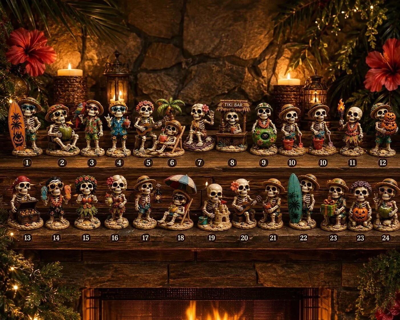 Tropical Halloween Countdown Calendar with Beachy Skeleton Figurines 2D 26 Tropical Halloween Countdown Calendar with Beachy Skeleton Figurines