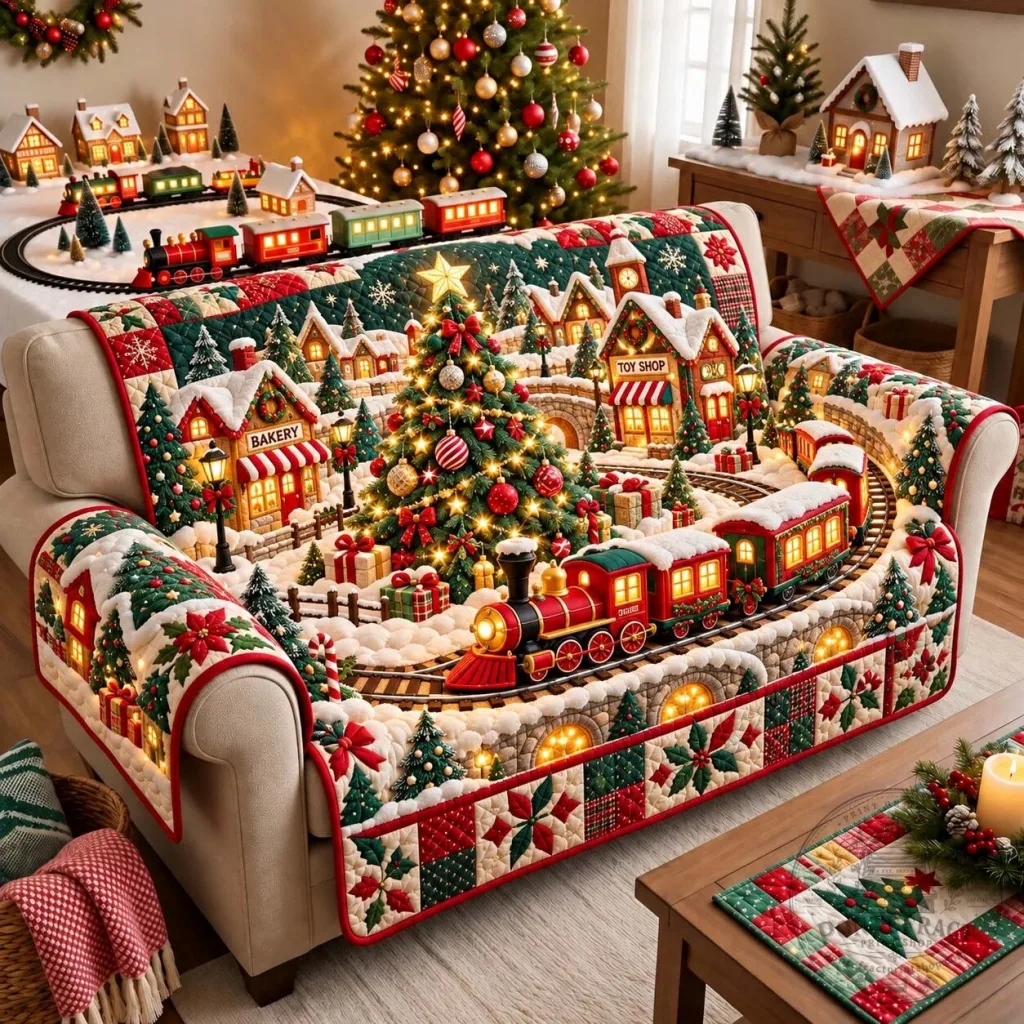 Christmas Village Train Quilted Sofa Cover for Holiday Home Decor Christmas Village Train Quilted Sofa Cover for Holiday Home Decor