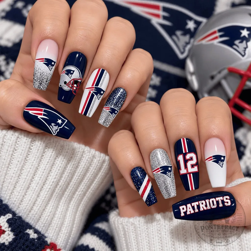 New England Patriots NFL Football Team Glitter Press On Nails Set New England Patriots NFL Football Team Glitter Press On Nails Set