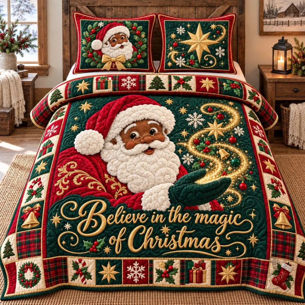 Believe in the Magic of Christmas Black Santa Claus Quilted Bedding Set Believe in the Magic of Christmas Black Santa Claus Quilted Bedding Set