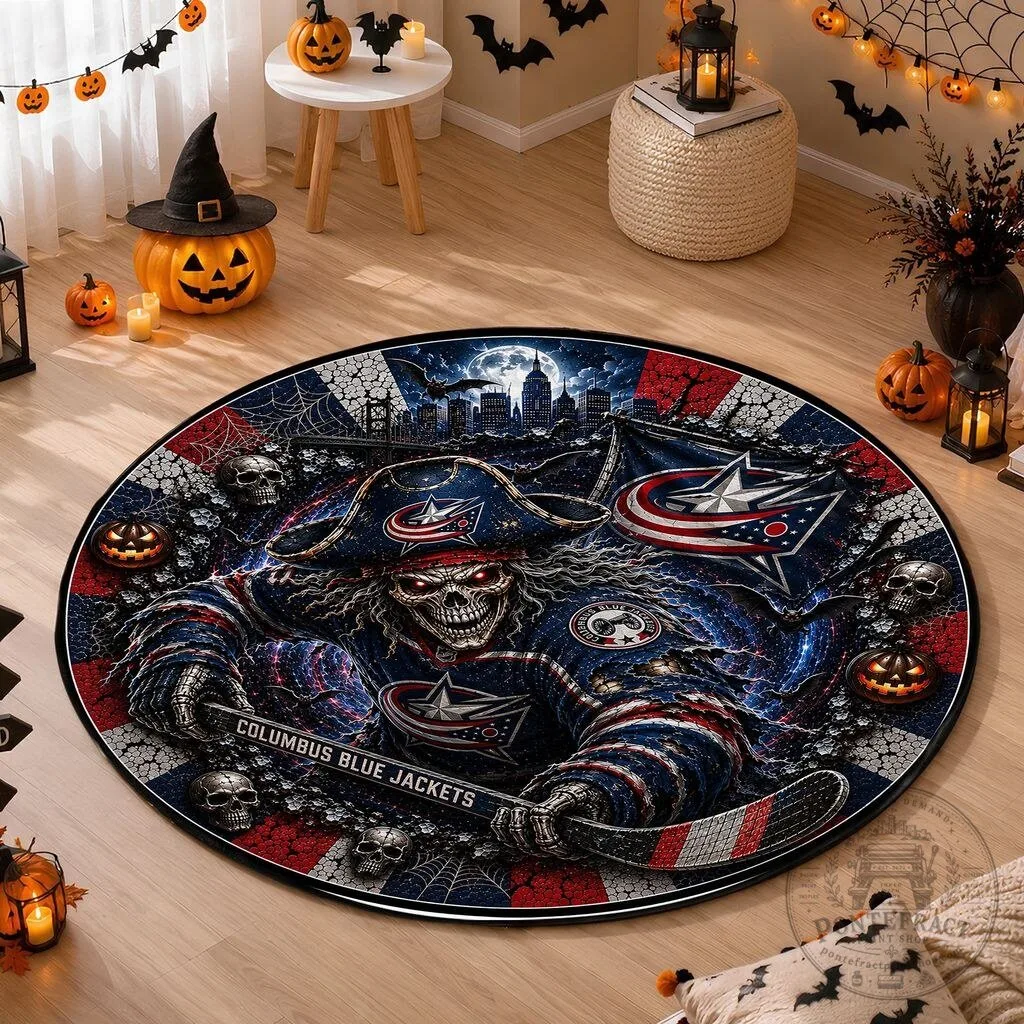 Columbus Blue Jackets Halloween Skeleton Pirate Round Floor Rug