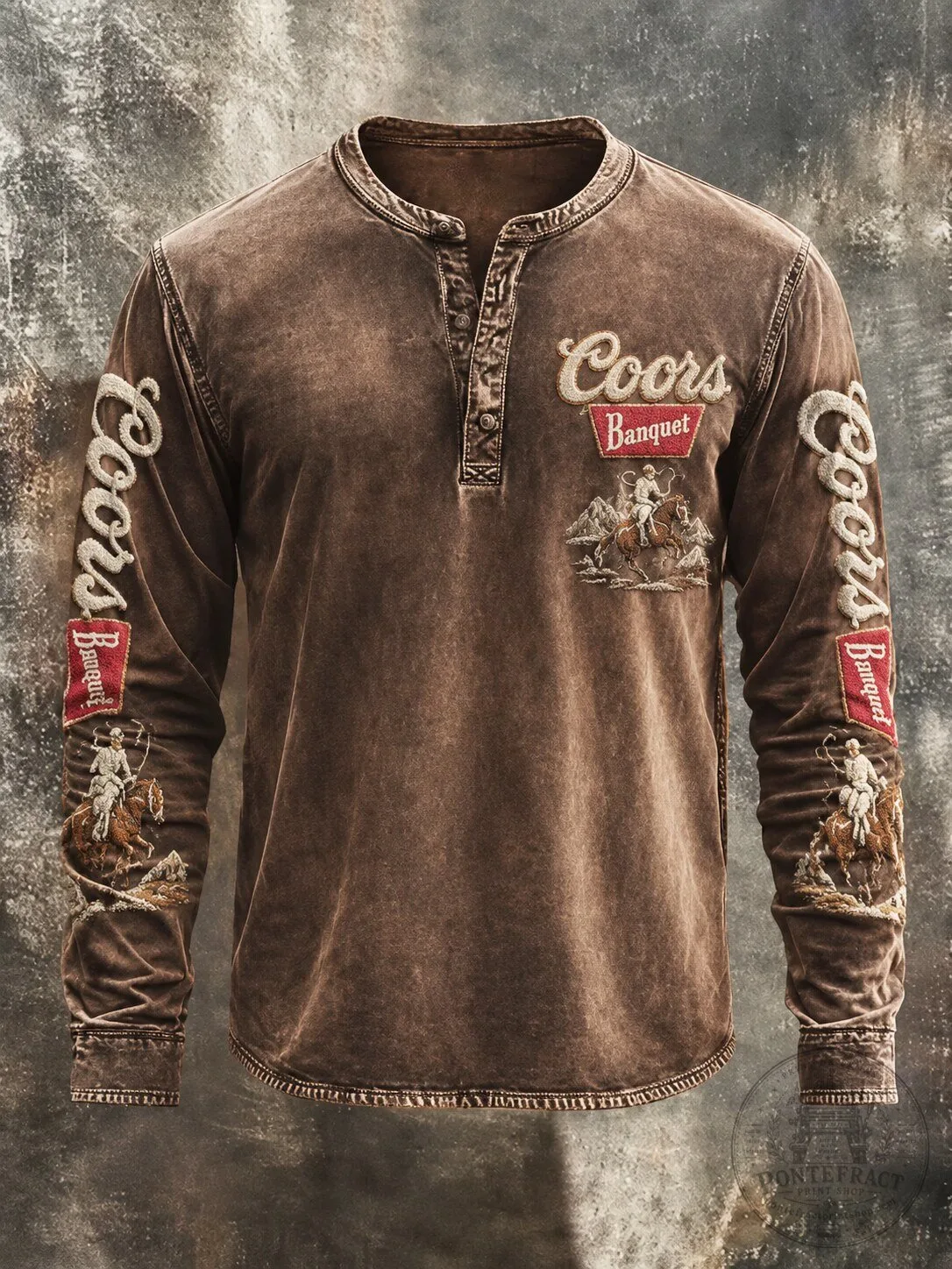 Coors Banquet Beer Rodeo Cowboy Vintage Embroidered Long-Sleeve Henley Shirt
