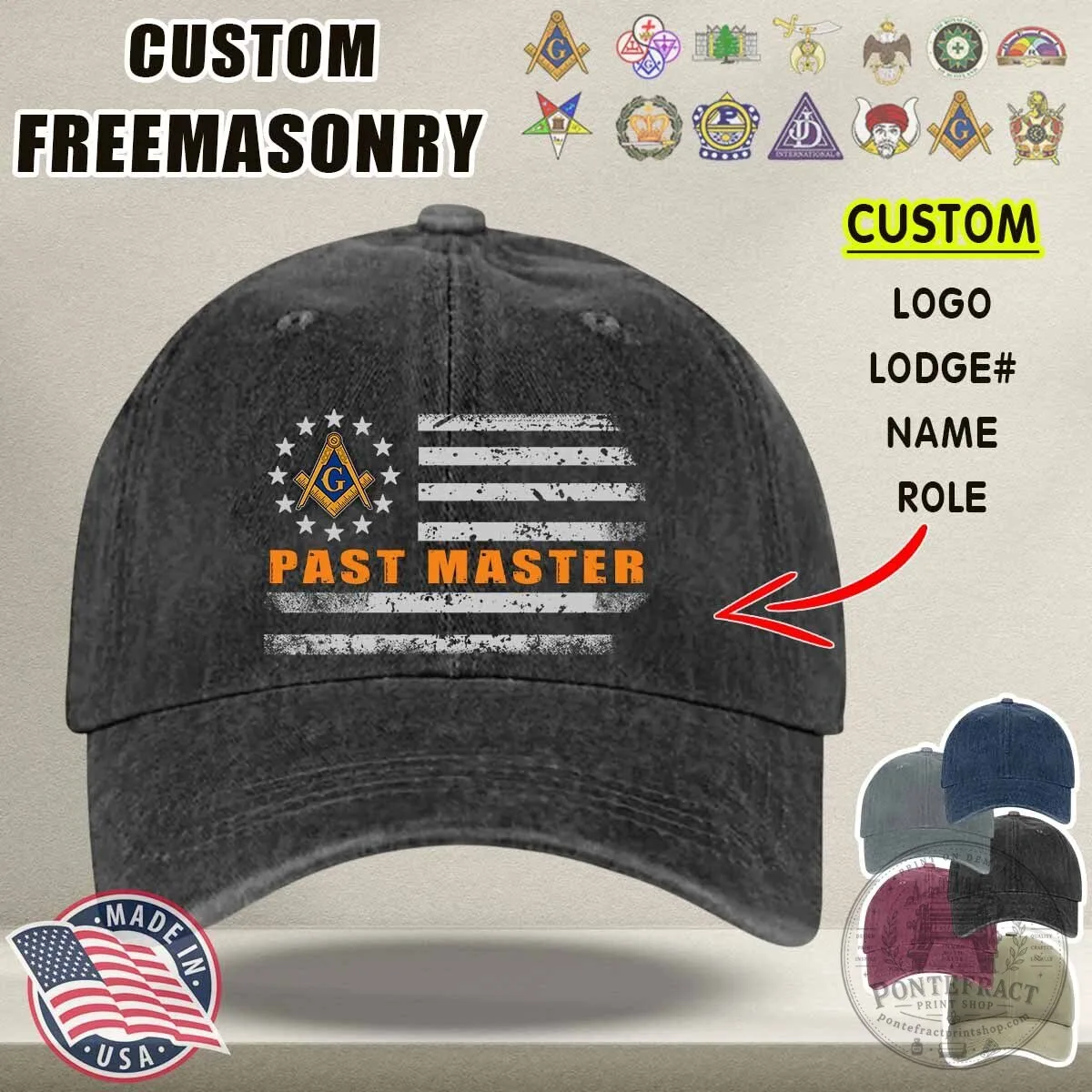 Freemasonry Past Master Distressed American Flag Washed Denim Baseball Cap Hat