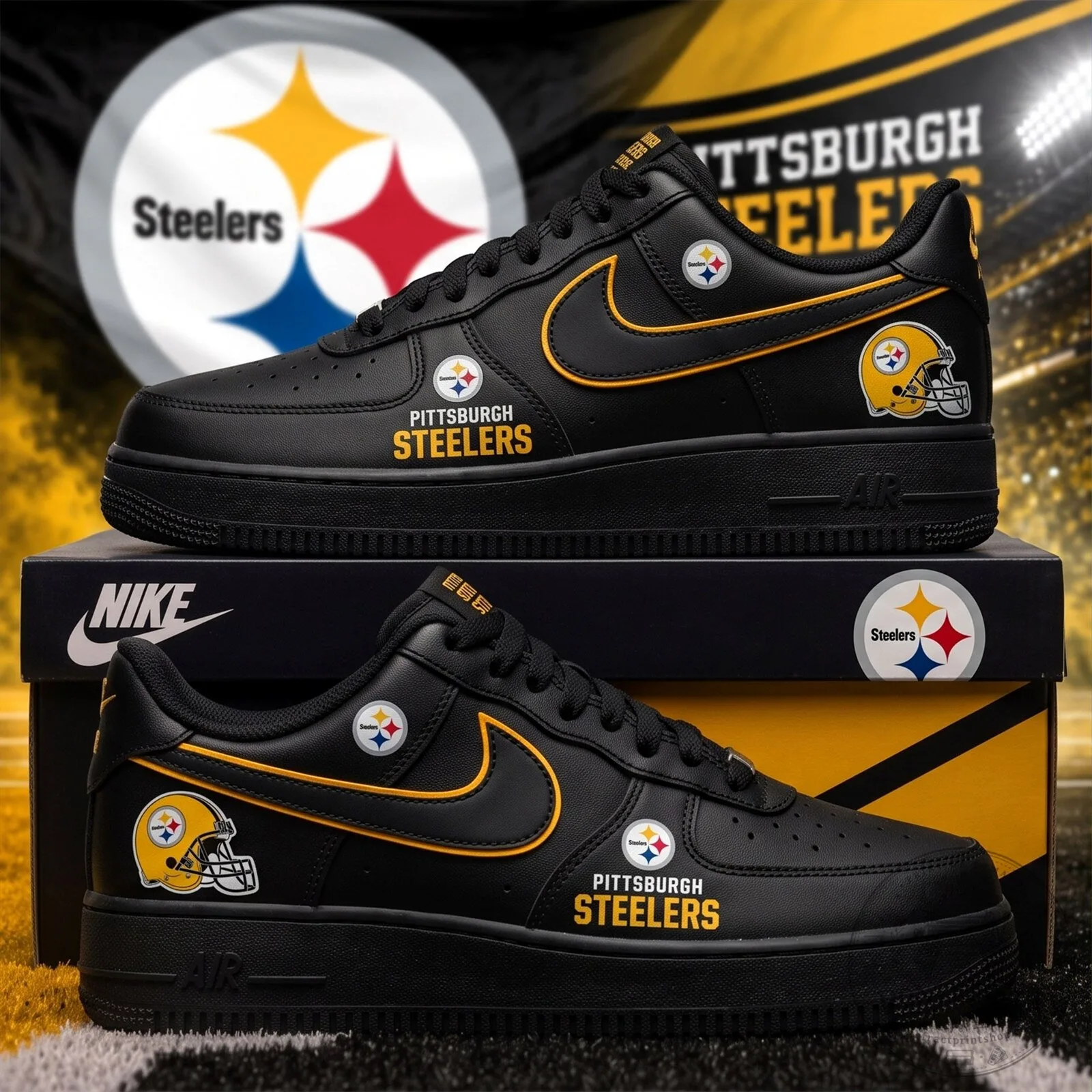 Pittsburgh Steelers Blackout Game Day Custom Nike Air Force 1 Shoes