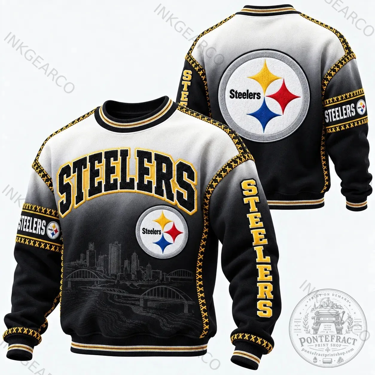 Pittsburgh Steelers Football Team Cityscape Black and White Crewneck Sweatshirt