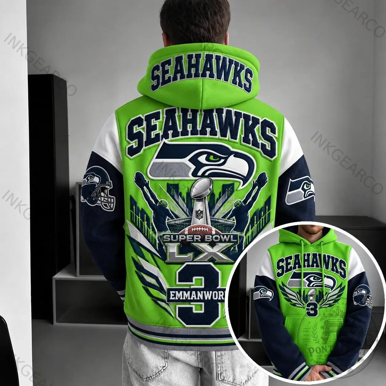 Seattle Seahawks Super Bowl Champions Green and Blue Hoodie