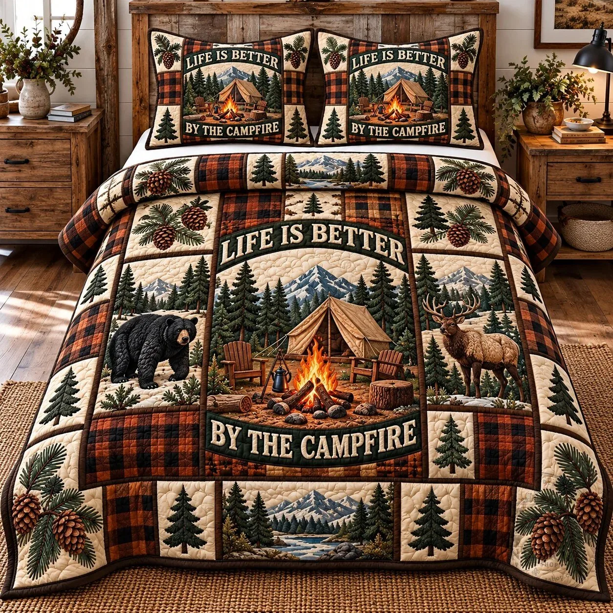 Life Is Better By The Campfire Camping Rustic Patchwork Quilted Bedding Set