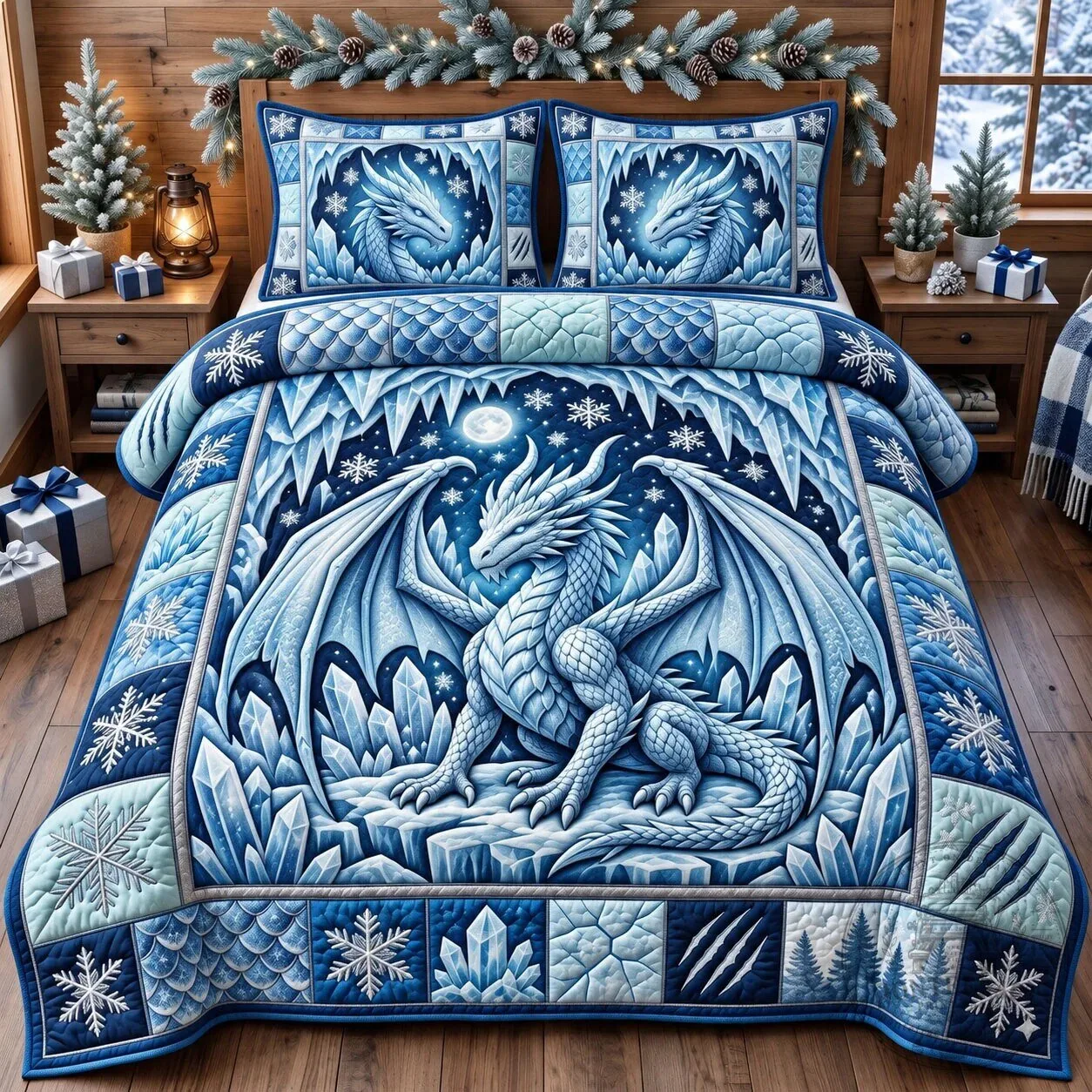 Ice Dragon Winter Wonderland Quilted Bedding Set with Pillow Shams