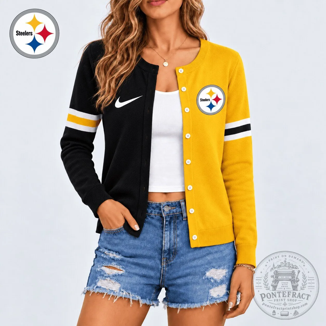 Pittsburgh Steelers NFL Team Spirit Black and Yellow Striped Cardigan Sweater 2 Pittsburgh Steelers NFL Team Spirit Black and Yellow Striped Cardigan Sweater