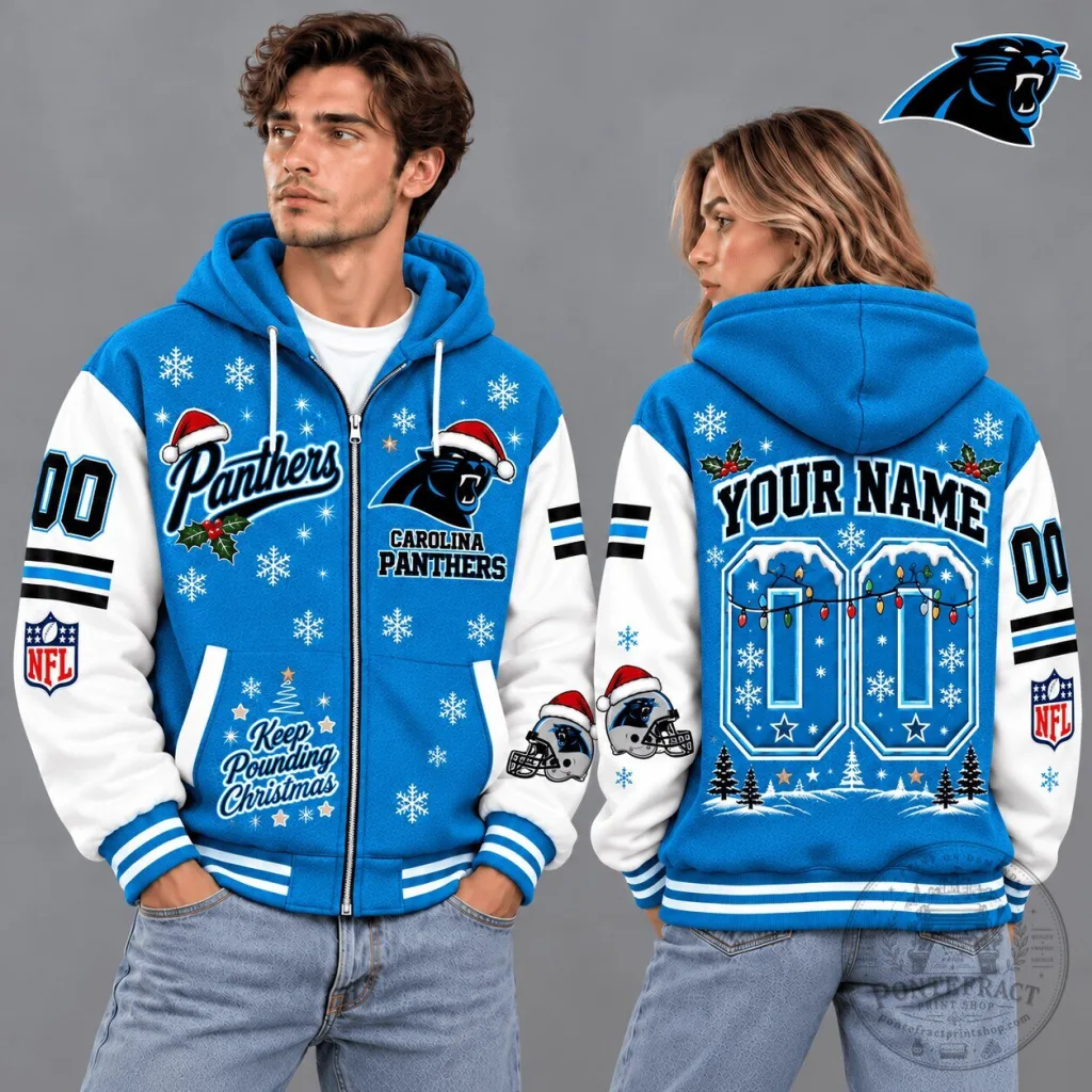 Carolina Panthers NFL Christmas Snowflake Custom Name Number Full-Zip Hoodie Carolina Panthers NFL Christmas Snowflake Custom Name Number Full-Zip Hoodie