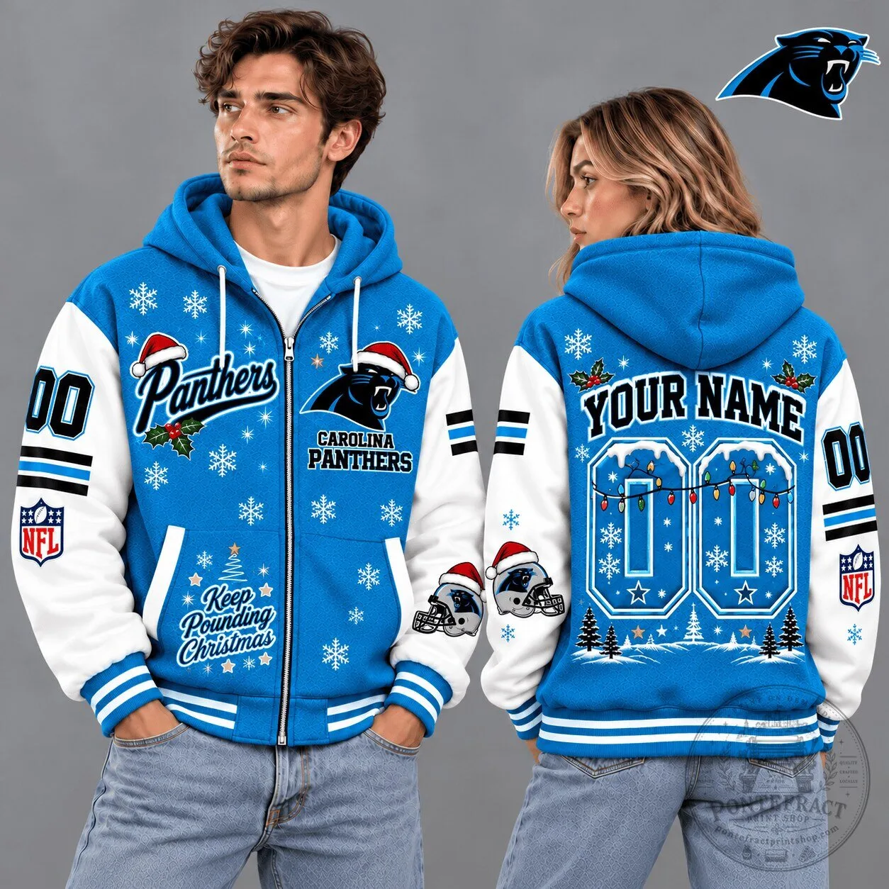 Carolina Panthers NFL Christmas Snowflake Custom Name Number Full-Zip Hoodie 2 Carolina Panthers NFL Christmas Snowflake Custom Name Number Full-Zip Hoodie