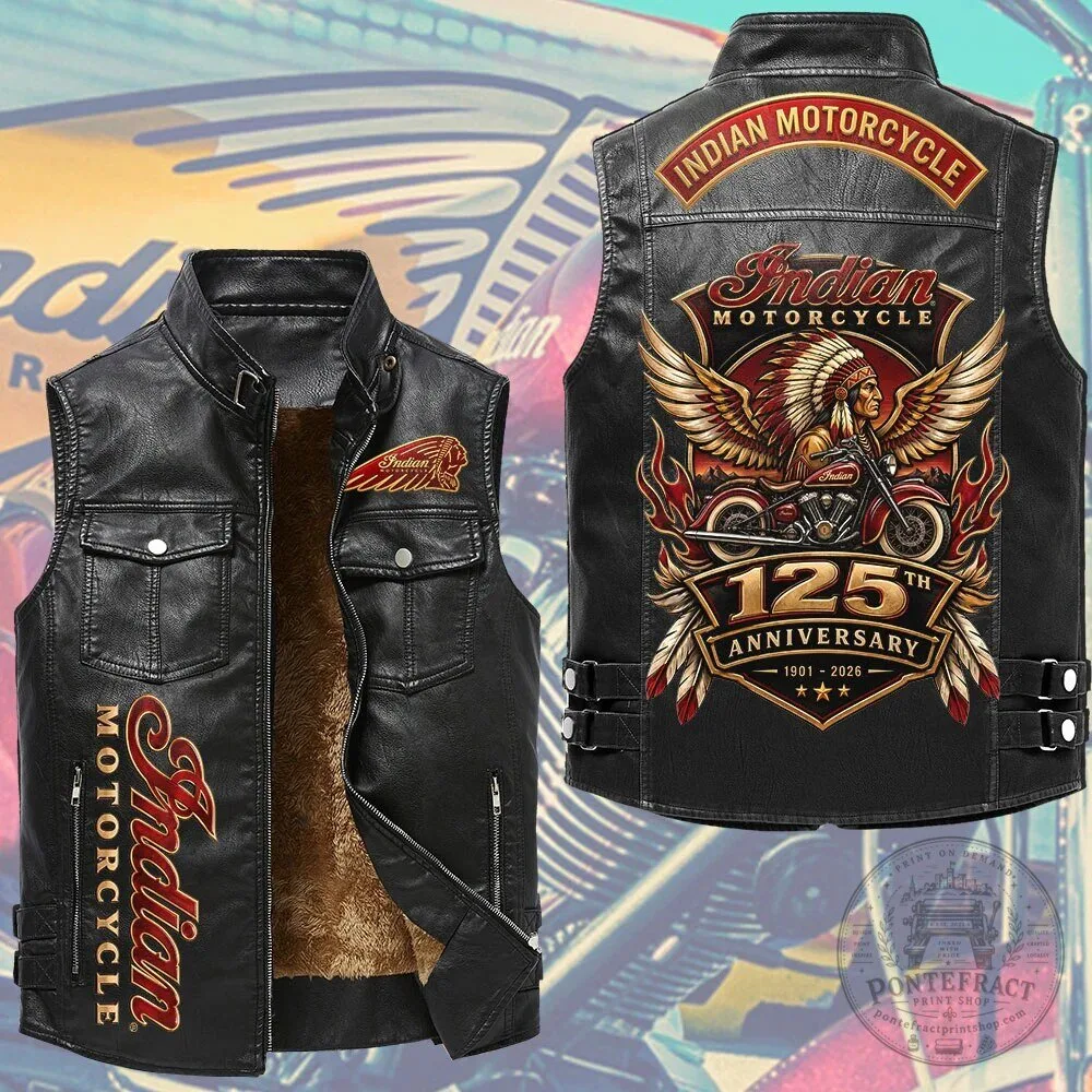 Indian Motorcycle 125th Anniversary Biker Style Faux Leather Vest 1 Indian Motorcycle 125th Anniversary Biker Style Faux Leather Vest