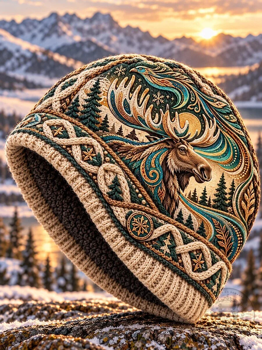 Nordic Moose and Forest Winter Knit Cap Hat for Men and Women