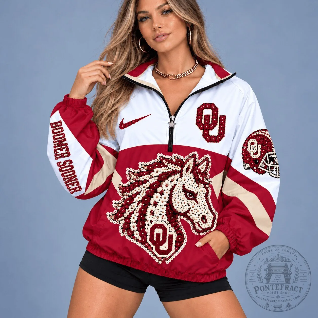 Oklahoma Sooners Boomer Sooner NCAA Floral Mascot Heritage V-Neck Zipper Jacket